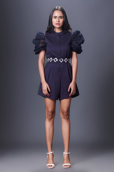 Deepika Arora_Blue Embroidery Collared Puffed Sleeve Playsuit With Belt_Online_at_Aza_Fashions