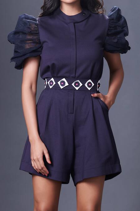 Deepika Arora_Blue Embroidery Collared Puffed Sleeve Playsuit With Belt_at_Aza_Fashions