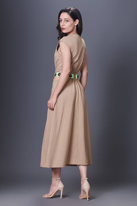 Deepika Arora_Beige Polyester V-neck Cap Sleeve Dress_Online_at_Aza_Fashions