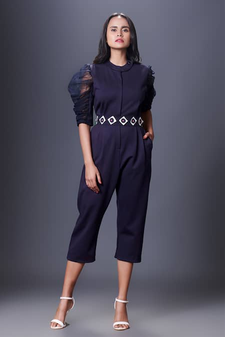 Deepika Arora Blue Ponte Roma Applique Embroidered Floral Puffed Sleeve Jumpsuit With Belt 