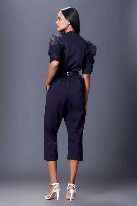 Shop Deepika Arora Blue Polyester Embroidery Collared Puffed Sleeve Jumpsuit With Belt at Aza Fashions Shop_Deepika Arora_Blue Polyester Embroidery Collared Puffed Sleeve Jumpsuit With Belt_at_Aza_Fashions