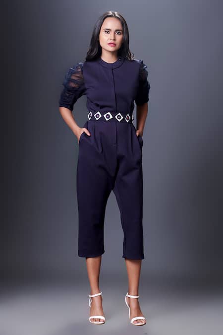 Deepika Arora Blue Polyester Embroidery Collared Puffed Sleeve Jumpsuit With Belt Online at Aza Fashions Deepika Arora_Blue Polyester Embroidery Collared Puffed Sleeve Jumpsuit With Belt_Online_at_Aza_Fashions