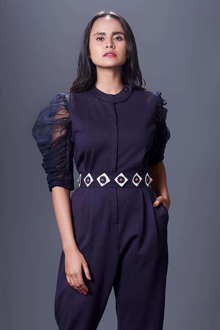 Buy Deepika Arora Blue Polyester Embroidery Collared Puffed Sleeve Jumpsuit With Belt Online at Aza Fashions Buy_Deepika Arora_Blue Polyester Embroidery Collared Puffed Sleeve Jumpsuit With Belt_Online_at_Aza_Fashions