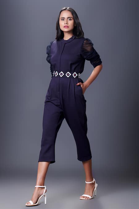 Shop Deepika Arora Blue Polyester Embroidery Collared Puffed Sleeve Jumpsuit With Belt Online at Aza Fashions Shop_Deepika Arora_Blue Polyester Embroidery Collared Puffed Sleeve Jumpsuit With Belt_Online_at_Aza_Fashions