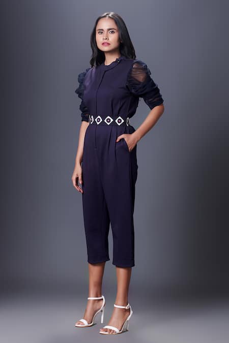 Deepika Arora Blue Polyester Embroidery Collared Puffed Sleeve Jumpsuit With Belt at Aza Fashions Deepika Arora_Blue Polyester Embroidery Collared Puffed Sleeve Jumpsuit With Belt_at_Aza_Fashions