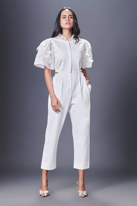 Deepika Arora White Ponte Roma Embroidery Floral Applique Ruffle Jumpsuit 