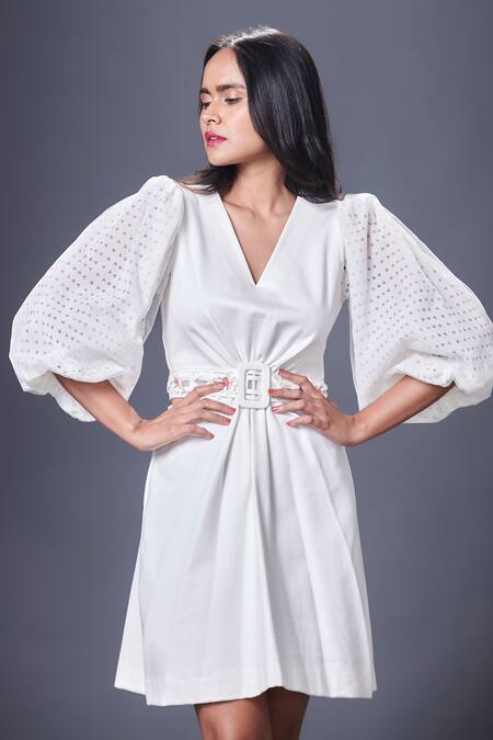 Shop_Deepika Arora_White Polyester Embroidery V-neck Floral Cutwork Shift Dress With Belt_Online_at_Aza_Fashions