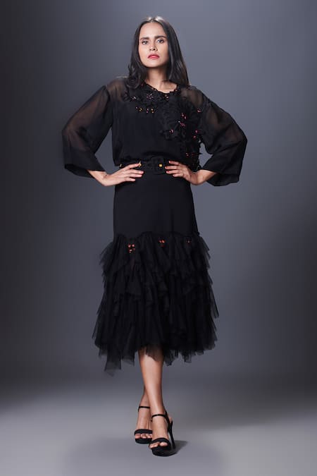 Deepika Arora Black Ponte Roma Embroidery Floral Applique Round Top And Ruffle Skirt Set 