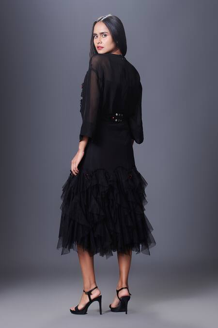 Shop Deepika Arora Black Polyester Embroidery Round Neck Floral Top And Ruffle Skirt Set at Aza Fashions Shop_Deepika Arora_Black Polyester Embroidery Round Neck Floral Top And Ruffle Skirt Set_at_Aza_Fashions