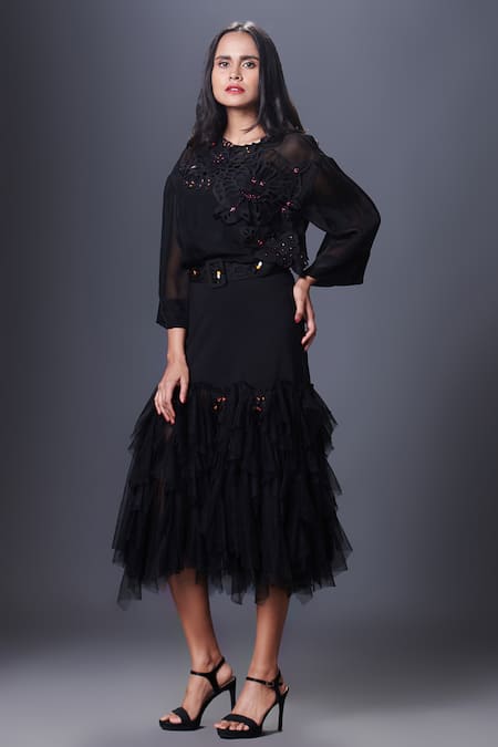 Deepika Arora Black Polyester Embroidery Round Neck Floral Top And Ruffle Skirt Set Online at Aza Fashions Deepika Arora_Black Polyester Embroidery Round Neck Floral Top And Ruffle Skirt Set_Online_at_Aza_Fashions