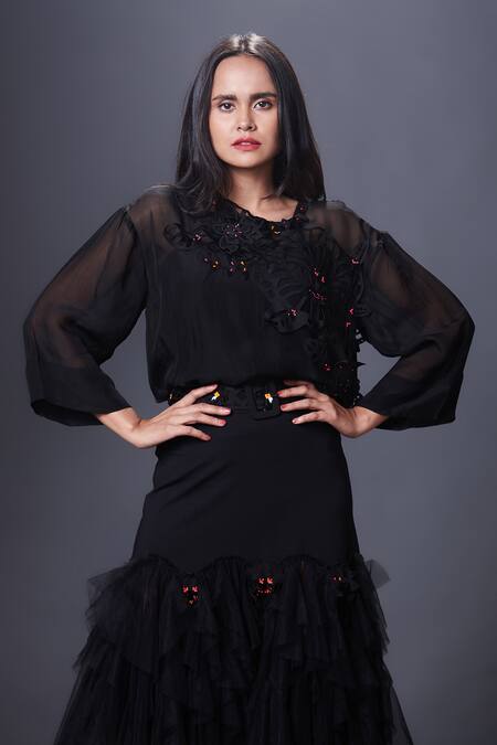 Buy Deepika Arora Black Polyester Embroidery Round Neck Floral Top And Ruffle Skirt Set Online at Aza Fashions Buy_Deepika Arora_Black Polyester Embroidery Round Neck Floral Top And Ruffle Skirt Set_Online_at_Aza_Fashions