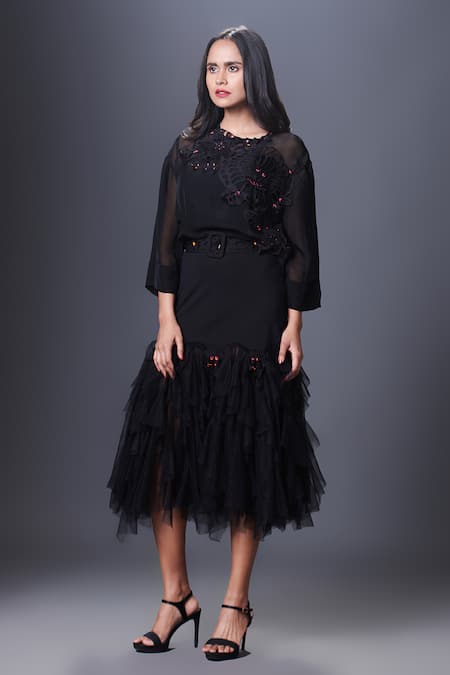 Shop Deepika Arora Black Polyester Embroidery Round Neck Floral Top And Ruffle Skirt Set Online at Aza Fashions Shop_Deepika Arora_Black Polyester Embroidery Round Neck Floral Top And Ruffle Skirt Set_Online_at_Aza_Fashions