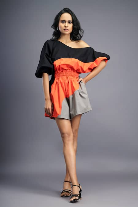 Deepika Arora Colorblocked Wave One Shoulder Playsuit 