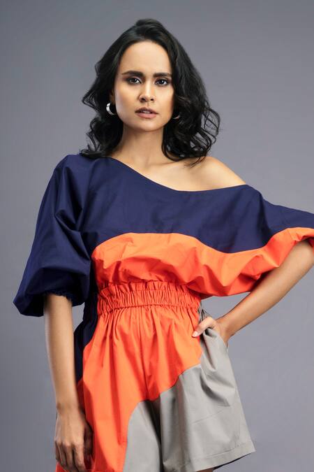 Deepika Arora Blue Cotton One Shoulder Colorblocked Playsuit Online at Aza Fashions Deepika Arora_Blue Cotton One Shoulder Colorblocked Playsuit_Online_at_Aza_Fashions