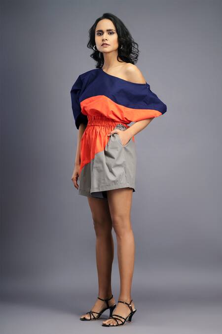 Buy Deepika Arora Blue Cotton One Shoulder Colorblocked Playsuit Online at Aza Fashions Buy_Deepika Arora_Blue Cotton One Shoulder Colorblocked Playsuit_Online_at_Aza_Fashions