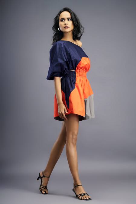 Deepika Arora Blue Cotton One Shoulder Colorblocked Playsuit at Aza Fashions Deepika Arora_Blue Cotton One Shoulder Colorblocked Playsuit_at_Aza_Fashions