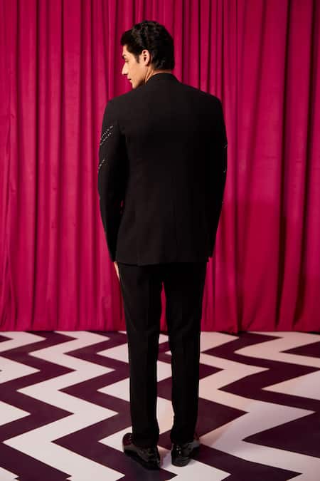 Shop_Contrast By Parth_Black Embroidery Electric Lines Bandhgala Set _at_Aza_Fashions