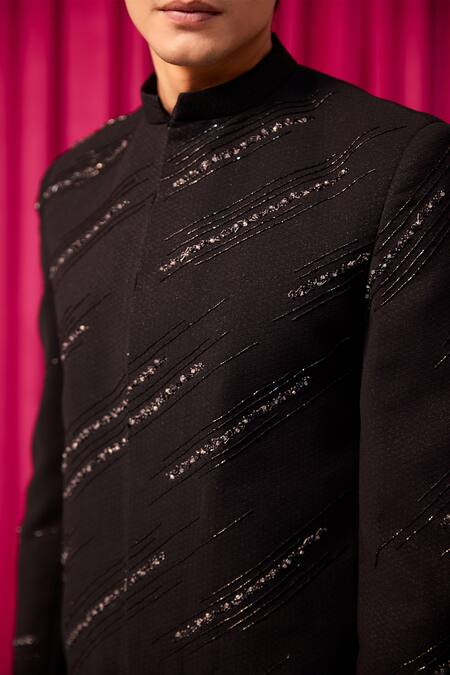 Contrast By Parth_Black Embroidery Electric Lines Bandhgala Set _Online_at_Aza_Fashions