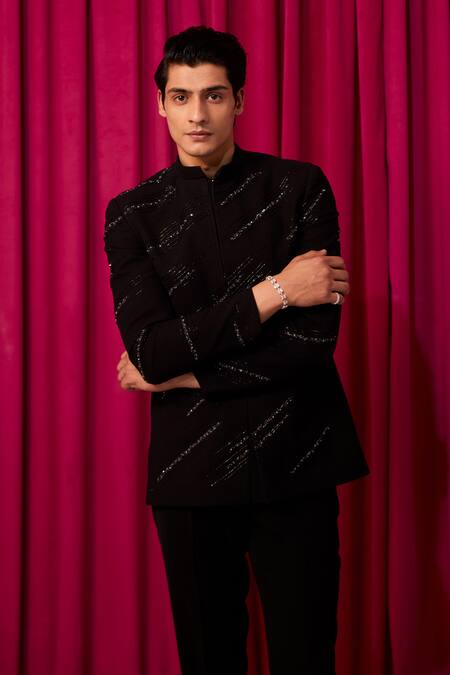 Buy_Contrast By Parth_Black Embroidery Electric Lines Bandhgala Set _Online_at_Aza_Fashions