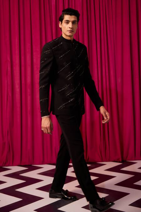 Shop_Contrast By Parth_Black Embroidery Electric Lines Bandhgala Set _Online_at_Aza_Fashions