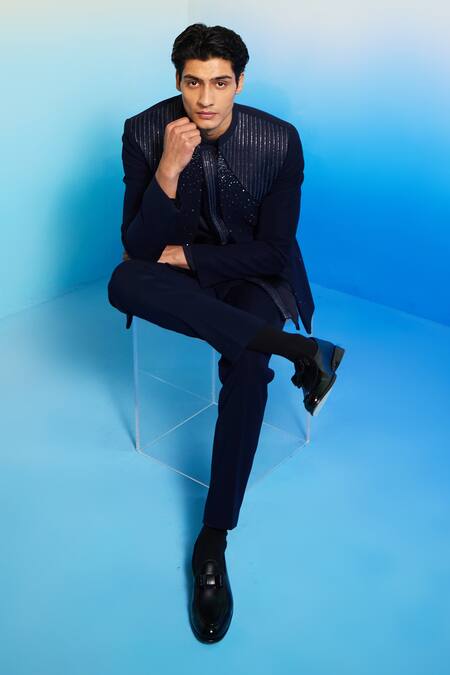 Contrast By Parth Blue Cotton Embroidery, Cut Work, Sequins Luna Embellished Shrug And Kurta Set Online at Aza Fashions Contrast By Parth_Blue Cotton Embroidery, Cut Work, Sequins Luna Embellished Shrug And Kurta Set _Online_at_Aza_Fashions