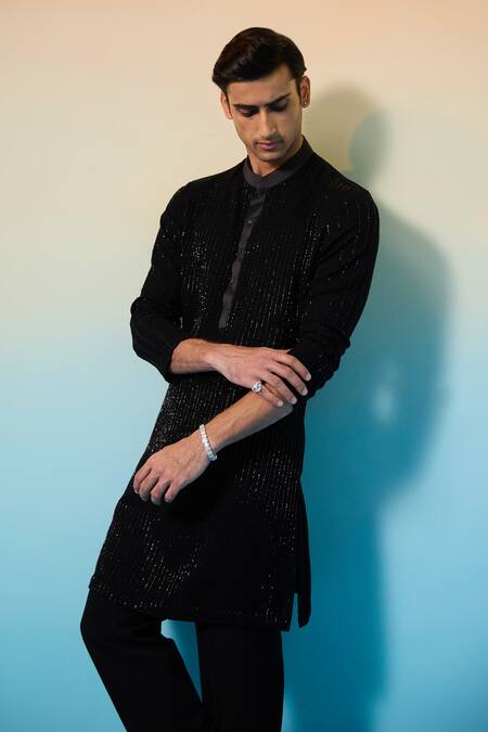 Buy_Contrast By Parth_Black Silk Cut Work Majestic Embellished Kurta Set_Online_at_Aza_Fashions