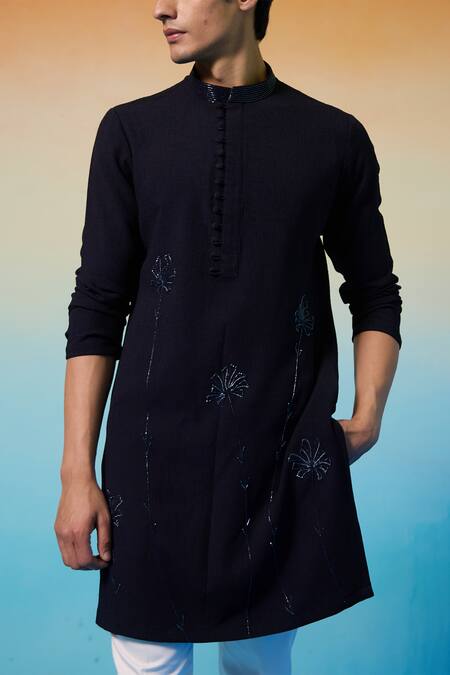 Buy_Contrast By Parth_Blue Silk, Cotton Embroidery Textured Kurta Set_Online_at_Aza_Fashions