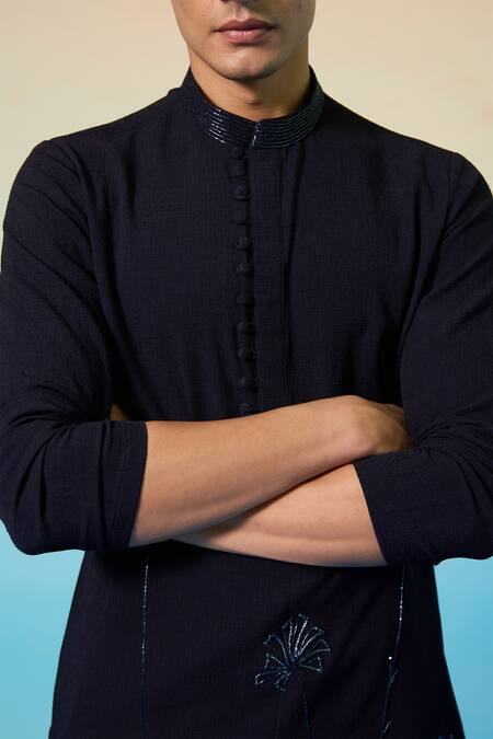 Shop_Contrast By Parth_Blue Silk, Cotton Embroidery Textured Kurta Set_Online_at_Aza_Fashions