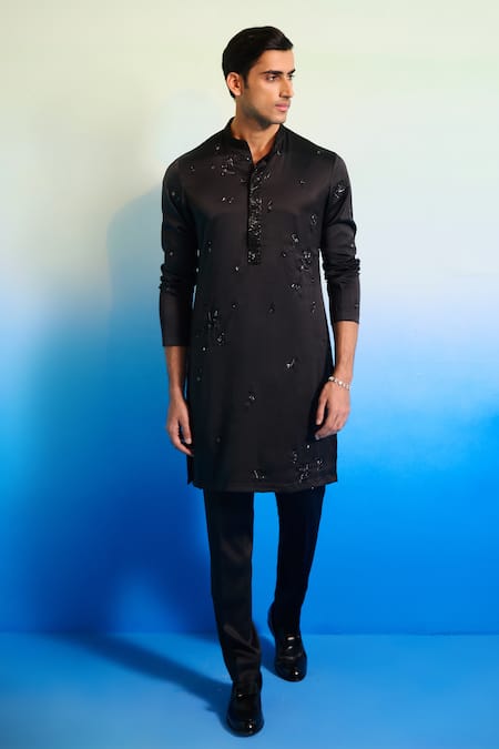 Contrast By Parth_Black Silk Cut Work Pyramid Embroidered Kurta Set _Online_at_Aza_Fashions