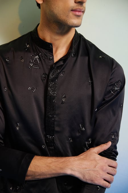Shop_Contrast By Parth_Black Silk Cut Work Pyramid Embroidered Kurta Set _Online_at_Aza_Fashions