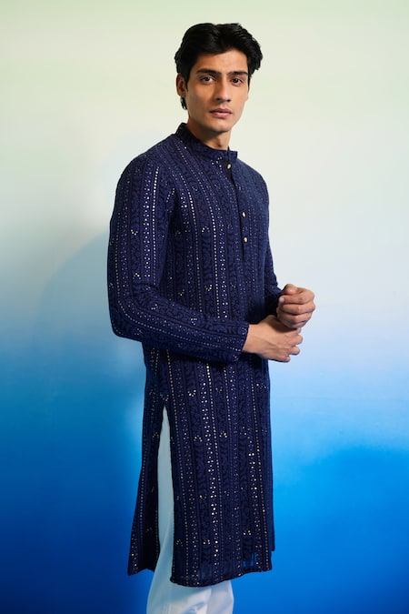 Contrast By Parth_Blue Georgette Embroidery Resham Embellished Kurta Set_Online_at_Aza_Fashions