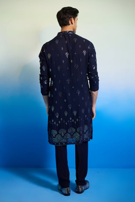 Shop Contrast By Parth Blue Georgette Mirrors Embellished Kurta And Pant Set at Aza Fashions Shop_Contrast By Parth_Blue Georgette Mirrors Embellished Kurta And Pant Set _at_Aza_Fashions