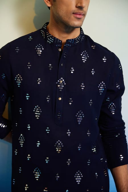 Contrast By Parth Blue Georgette Mirrors Embellished Kurta And Pant Set Online at Aza Fashions Contrast By Parth_Blue Georgette Mirrors Embellished Kurta And Pant Set _Online_at_Aza_Fashions