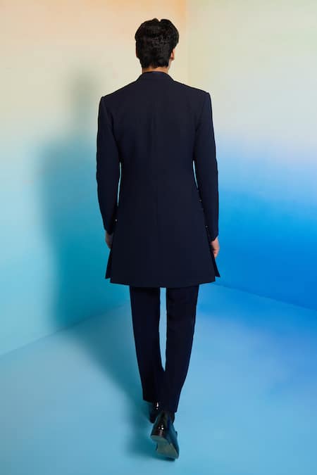 Shop Contrast By Parth Blue Wool, Suede Cut Work Geometric Line Embellished Sherwani Set at Aza Fashions Shop_Contrast By Parth_Blue Wool, Suede Cut Work Geometric Line Embellished Sherwani Set _at_Aza_Fashions