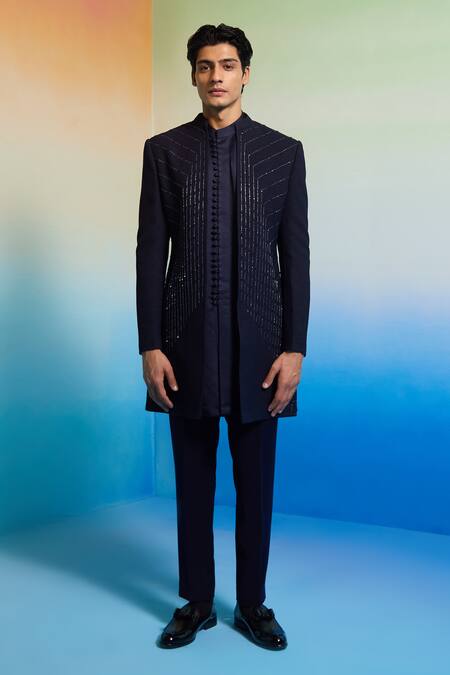 Contrast By Parth Blue Wool, Suede Cut Work Geometric Line Embellished Sherwani Set Online at Aza Fashions Contrast By Parth_Blue Wool, Suede Cut Work Geometric Line Embellished Sherwani Set _Online_at_Aza_Fashions
