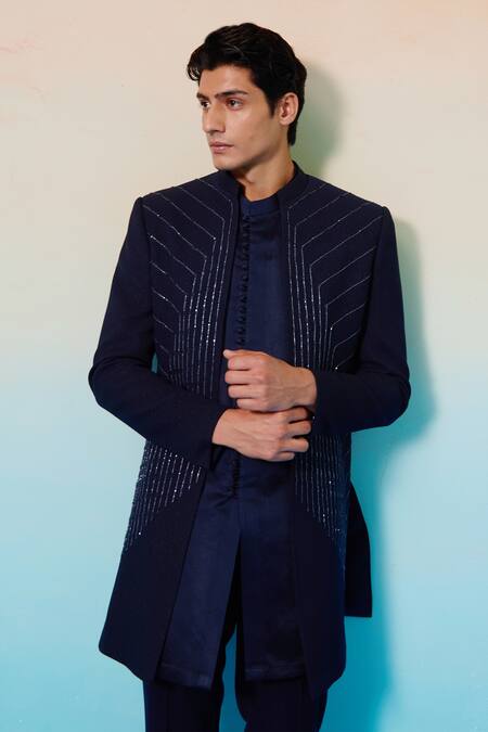 Shop Contrast By Parth Blue Wool, Suede Cut Work Geometric Line Embellished Sherwani Set Online at Aza Fashions Shop_Contrast By Parth_Blue Wool, Suede Cut Work Geometric Line Embellished Sherwani Set _Online_at_Aza_Fashions