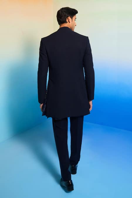 Shop Contrast By Parth Blue Cotton, Suede, Polyester Crystals Meteor Embellished Sherwani Set at Aza Fashions Shop_Contrast By Parth_Blue Cotton, Suede, Polyester Crystals Meteor Embellished Sherwani Set _at_Aza_Fashions