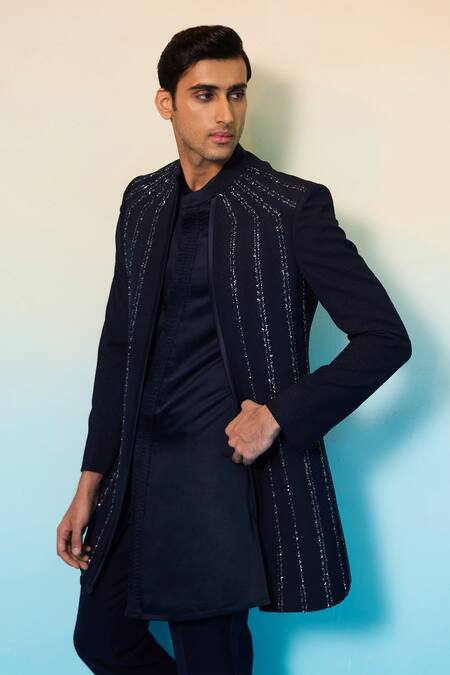 Contrast By Parth Blue Cotton, Suede, Polyester Crystals Meteor Embellished Sherwani Set Online at Aza Fashions Contrast By Parth_Blue Cotton, Suede, Polyester Crystals Meteor Embellished Sherwani Set _Online_at_Aza_Fashions