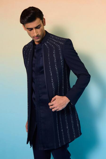 Buy Contrast By Parth Blue Cotton, Suede, Polyester Crystals Meteor Embellished Sherwani Set Online at Aza Fashions Buy_Contrast By Parth_Blue Cotton, Suede, Polyester Crystals Meteor Embellished Sherwani Set _Online_at_Aza_Fashions