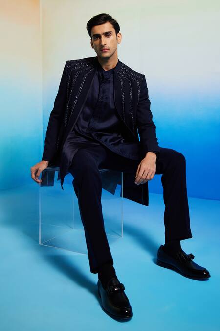 Shop Contrast By Parth Blue Cotton, Suede, Polyester Crystals Meteor Embellished Sherwani Set Online at Aza Fashions Shop_Contrast By Parth_Blue Cotton, Suede, Polyester Crystals Meteor Embellished Sherwani Set _Online_at_Aza_Fashions
