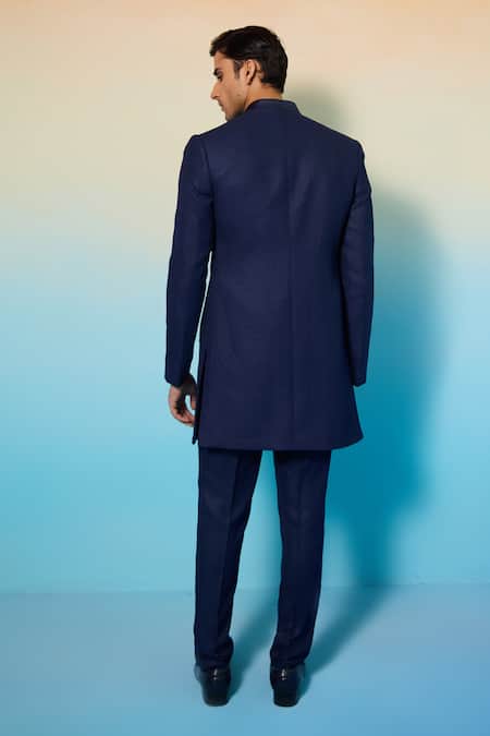 Shop Contrast By Parth Blue Cotton, Wool Crystals Comet Embellished Sherwani And Kurta Set at Aza Fashions Shop_Contrast By Parth_Blue Cotton, Wool Crystals Comet Embellished Sherwani And Kurta Set _at_Aza_Fashions