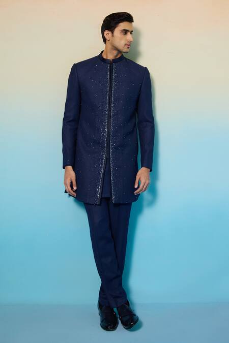 Contrast By Parth Blue Cotton, Wool Crystals Comet Embellished Sherwani And Kurta Set Online at Aza Fashions Contrast By Parth_Blue Cotton, Wool Crystals Comet Embellished Sherwani And Kurta Set _Online_at_Aza_Fashions