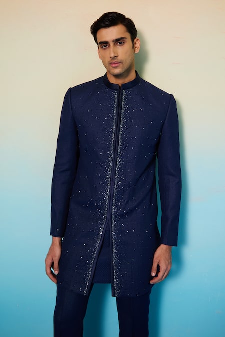 Shop Contrast By Parth Blue Cotton, Wool Crystals Comet Embellished Sherwani And Kurta Set Online at Aza Fashions Shop_Contrast By Parth_Blue Cotton, Wool Crystals Comet Embellished Sherwani And Kurta Set _Online_at_Aza_Fashions