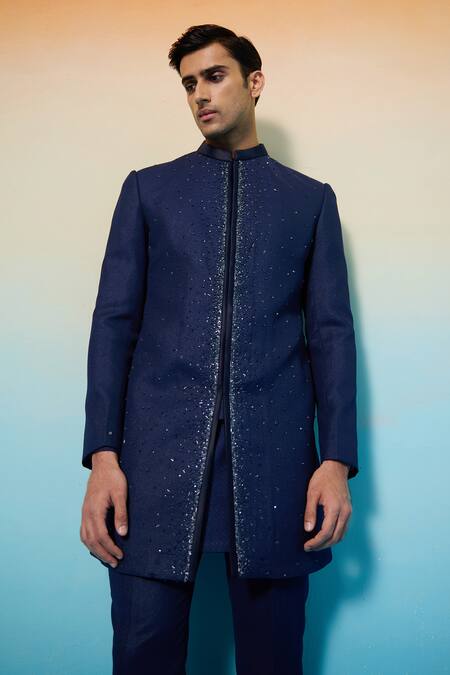 Contrast By Parth Blue Cotton, Wool Crystals Comet Embellished Sherwani And Kurta Set at Aza Fashions Contrast By Parth_Blue Cotton, Wool Crystals Comet Embellished Sherwani And Kurta Set _at_Aza_Fashions