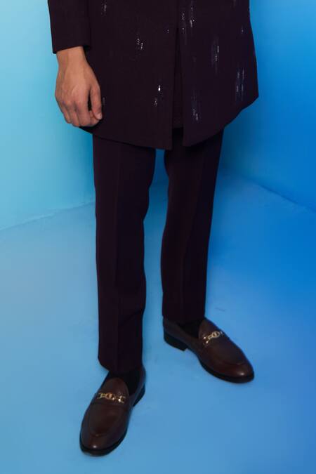 Contrast By Parth_Wine Suede, Wool, Cotton Crystals Vega Textured Embellished Sherwani Set_Online_at_Aza_Fashions