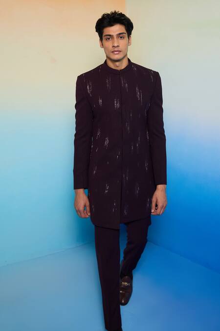 Buy_Contrast By Parth_Wine Suede, Wool, Cotton Crystals Vega Textured Embellished Sherwani Set_Online_at_Aza_Fashions