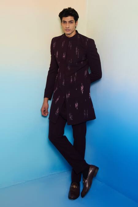 Shop_Contrast By Parth_Wine Suede, Wool, Cotton Crystals Vega Textured Embellished Sherwani Set_Online_at_Aza_Fashions