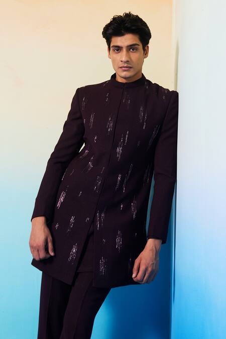 Contrast By Parth_Wine Suede, Wool, Cotton Crystals Vega Textured Embellished Sherwani Set_at_Aza_Fashions