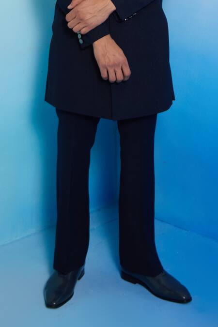 Contrast By Parth_Blue Cotton, Suede, Wool Crystals Lynx Textured Embellished Sherwani Set_Online_at_Aza_Fashions