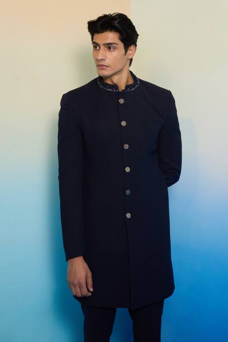 Buy_Contrast By Parth_Blue Cotton, Suede, Wool Crystals Lynx Textured Embellished Sherwani Set_Online_at_Aza_Fashions
